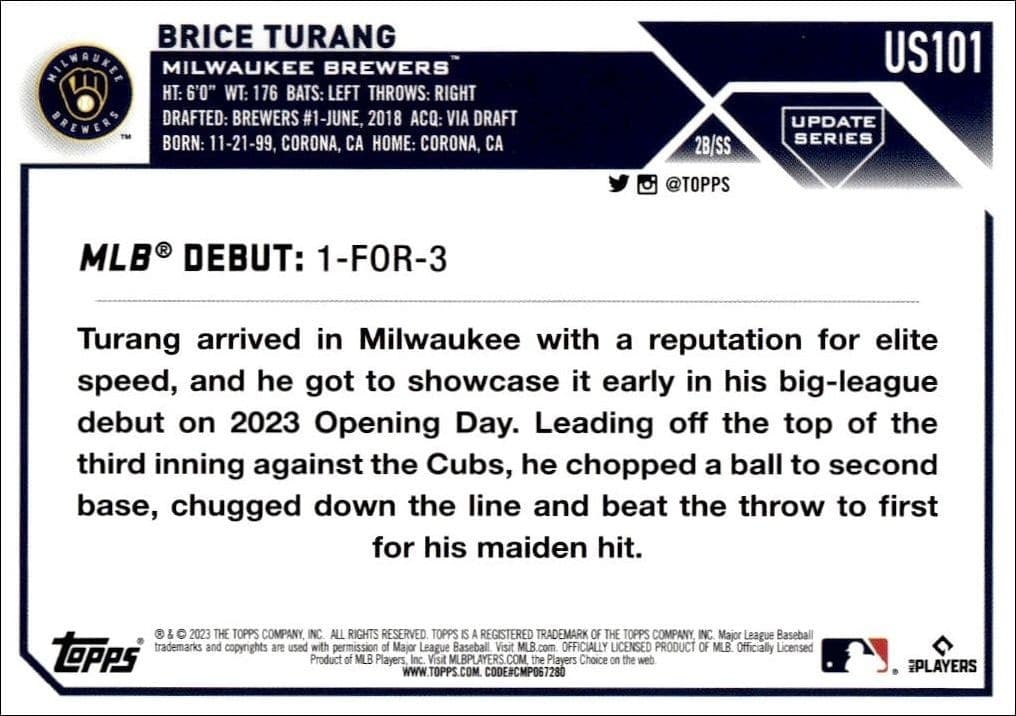2023 Topps Update Series Brice Turang #US101 baseball trading card back