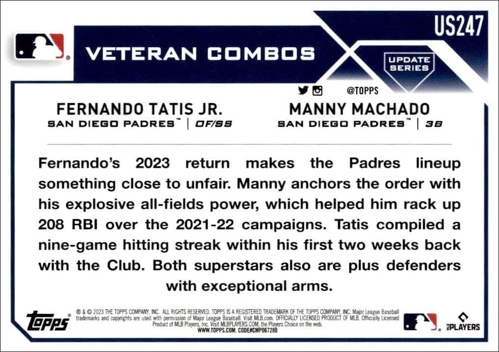 2023 Topps Update Series Fernando Tatis Jr. #US247 baseball trading card back