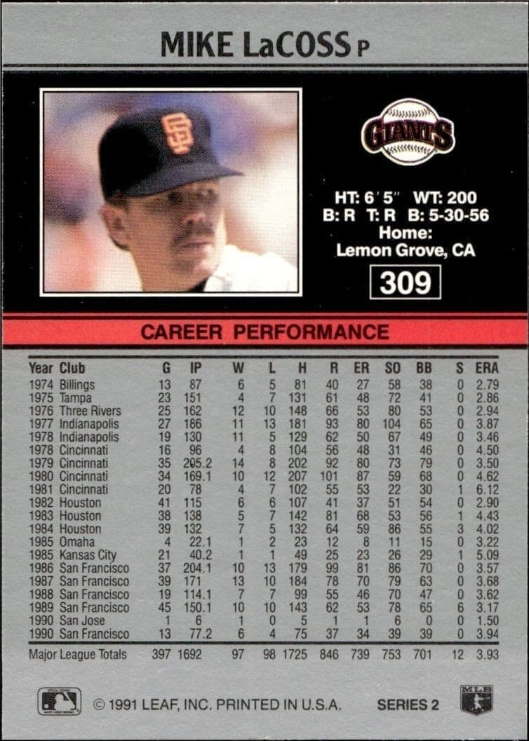 1991 Leaf Mike LaCoss #309 baseball trading card back