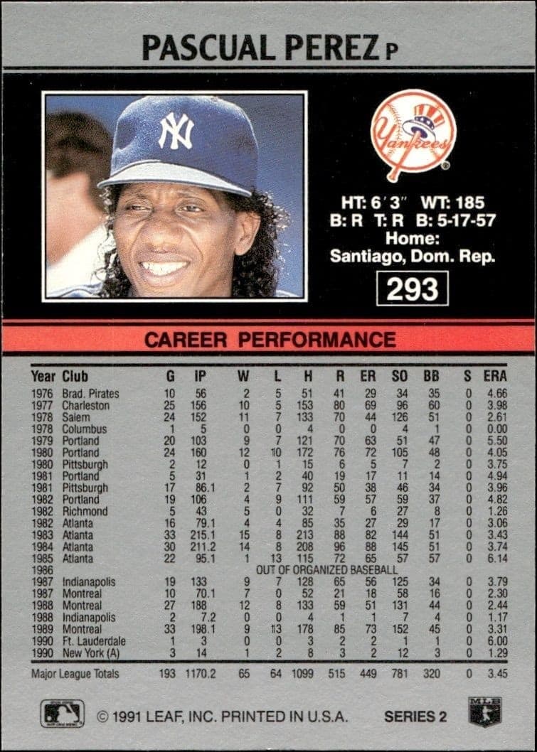 1991 Leaf Pascual Perez #293 baseball trading card back