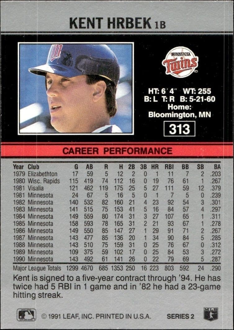 1991 Leaf Kent Hrbek #313 baseball trading card back