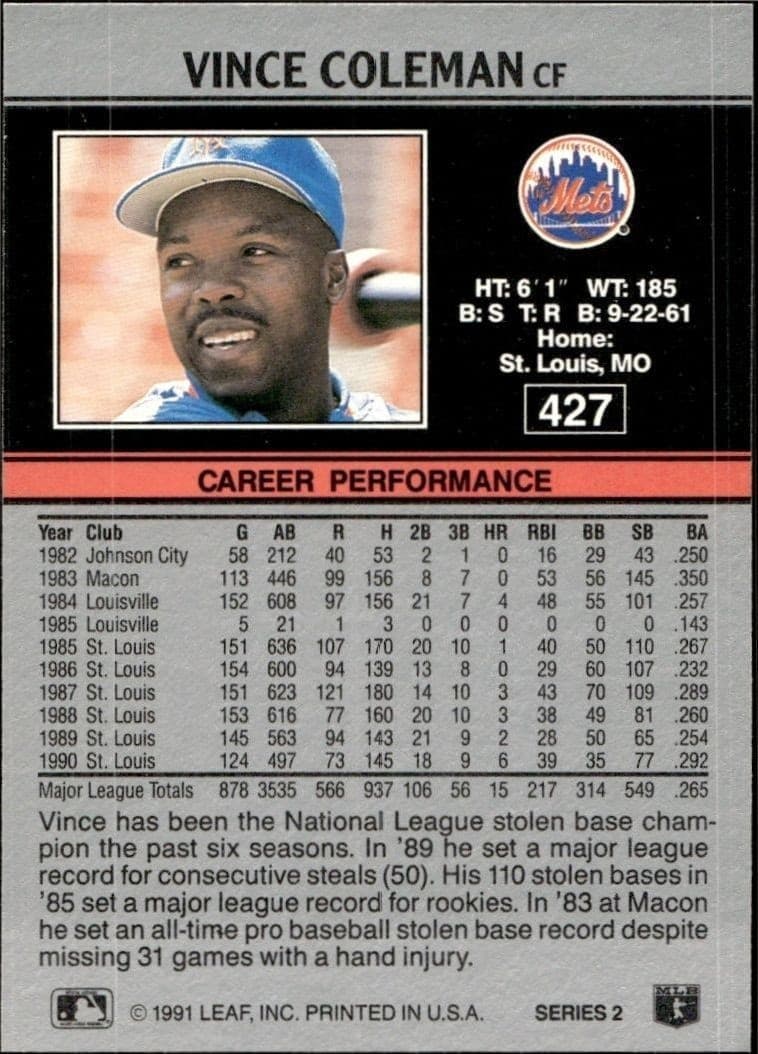1991 Leaf Vince Coleman #427 baseball trading card back