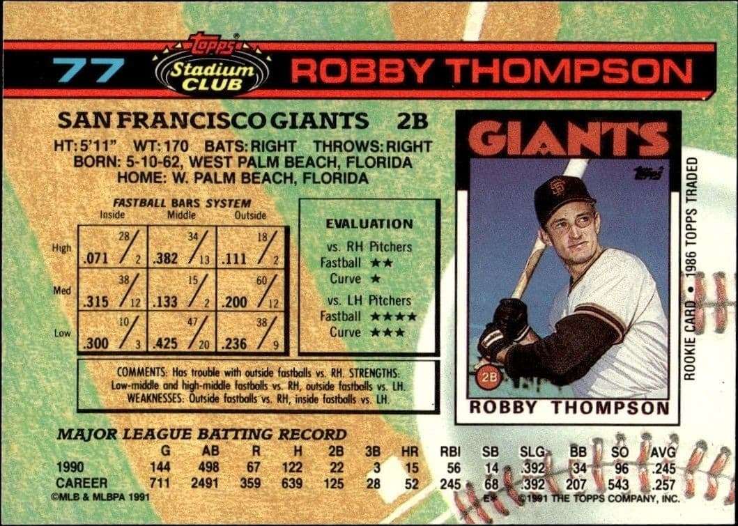 1991 Topps Stadium Club Robby Thompson #77 baseball trading card back