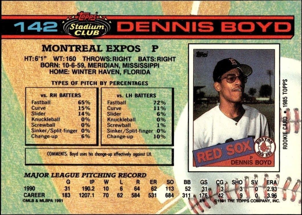 1991 Topps Stadium Club Dennis Boyd #142 baseball trading card back