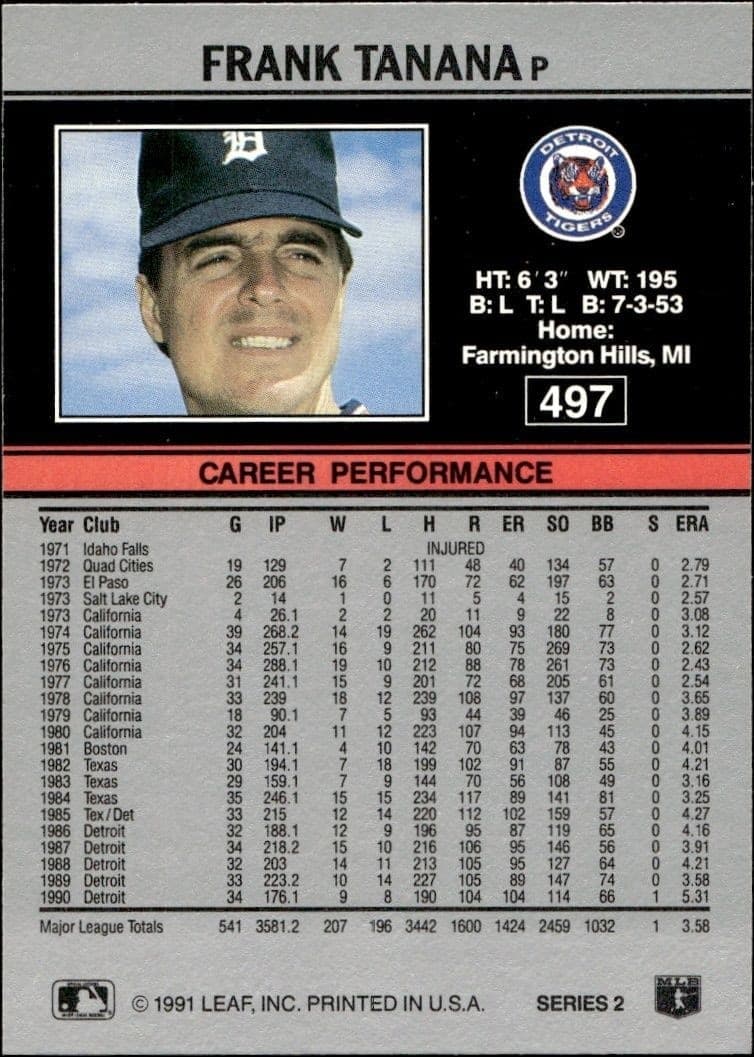 1991 Leaf Frank Tanana #497 baseball trading card back