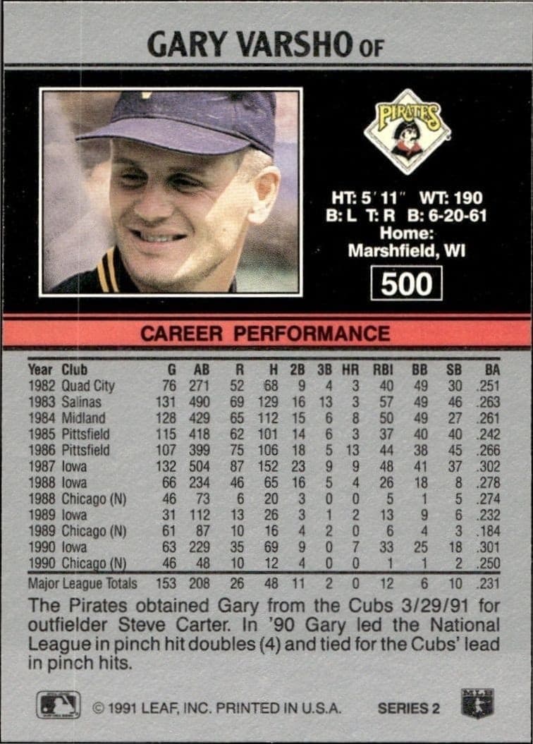 1991 Leaf Gary Varsho #500 baseball trading card back
