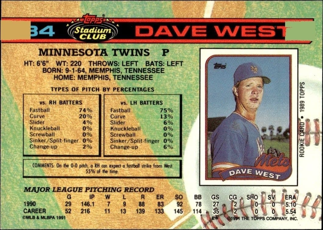 1991 Topps Stadium Club Dave West #34 baseball trading card back
