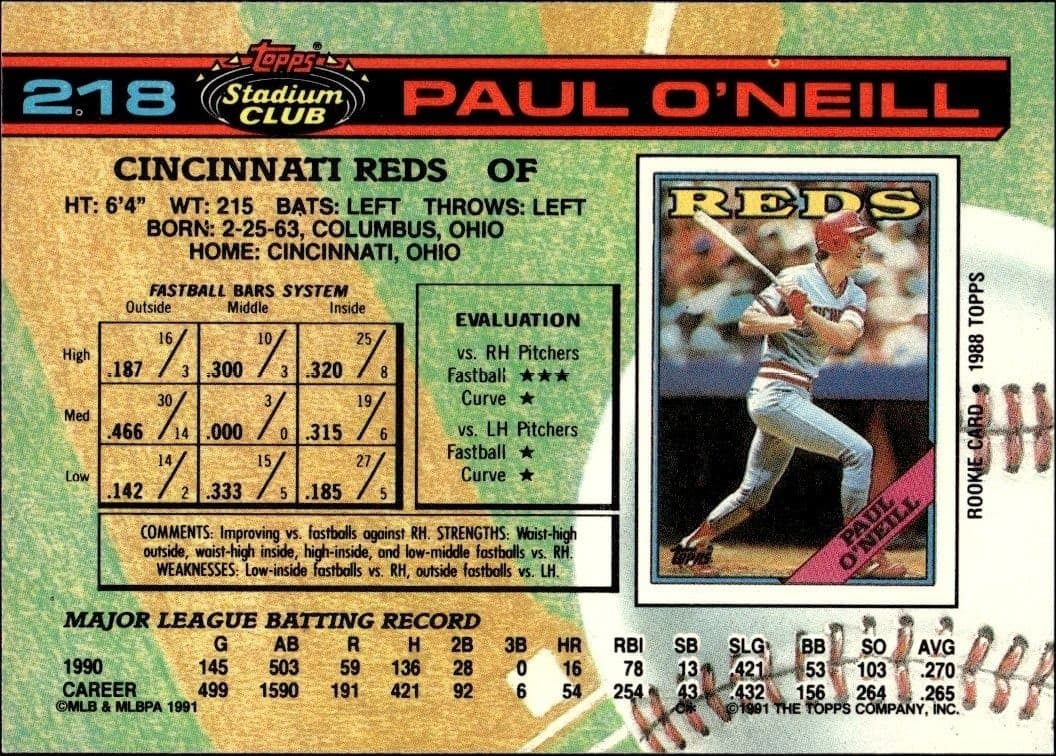 1991 Topps Stadium Club Paul O'Neill #218 baseball trading card back