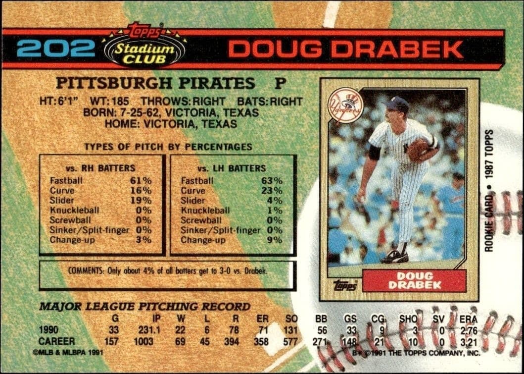 1991 Topps Stadium Club Doug Drabek #202 baseball trading card back