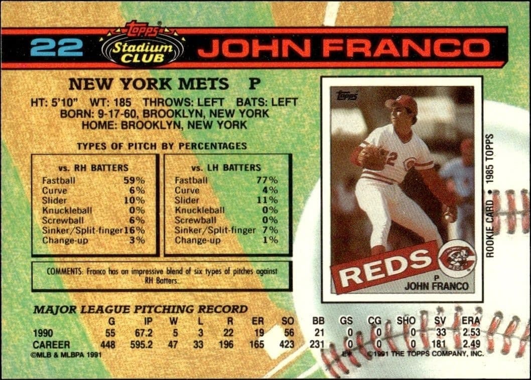 1991 Topps Stadium Club John Franco #22 baseball trading card back