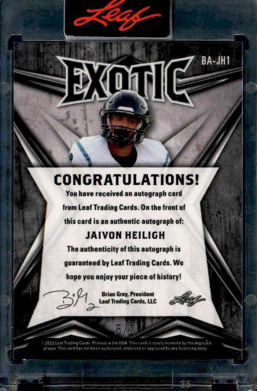 2022 Leaf Exotic Jaivon Heiligh #BA-JH1 football trading card back