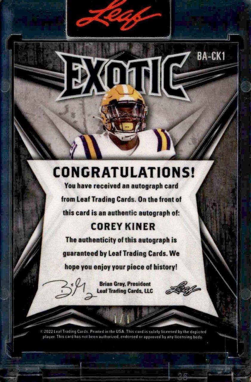 2022 Leaf Exotic Corey Kiner #BA-CK1 football trading card back