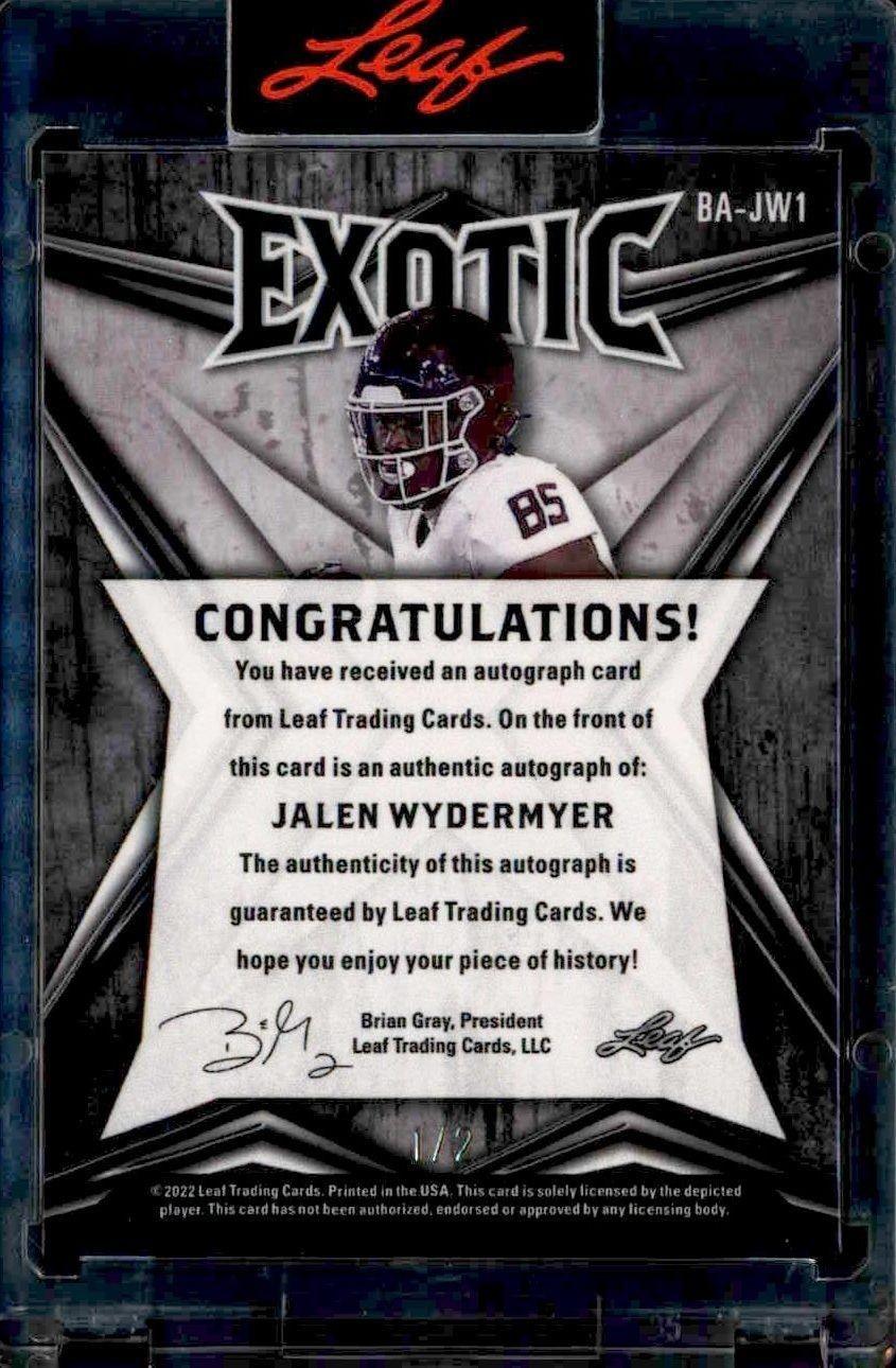 2022 Leaf Exotic Jalen Wydermyer #BA-JW1 football trading card back