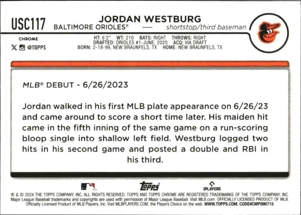 2024 Topps Chrome Update Series Jordan Westburg #USC117 baseball trading card back