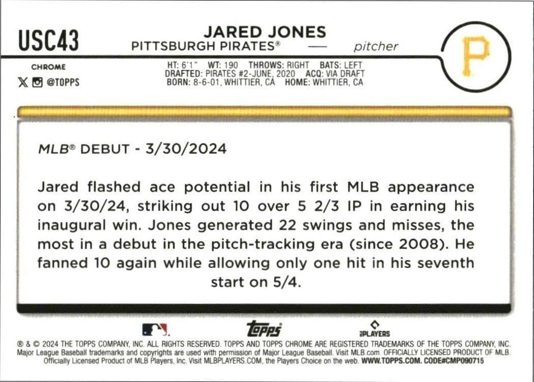 2024 Topps Chrome Update Series Jared Jones #USC43 baseball trading card back