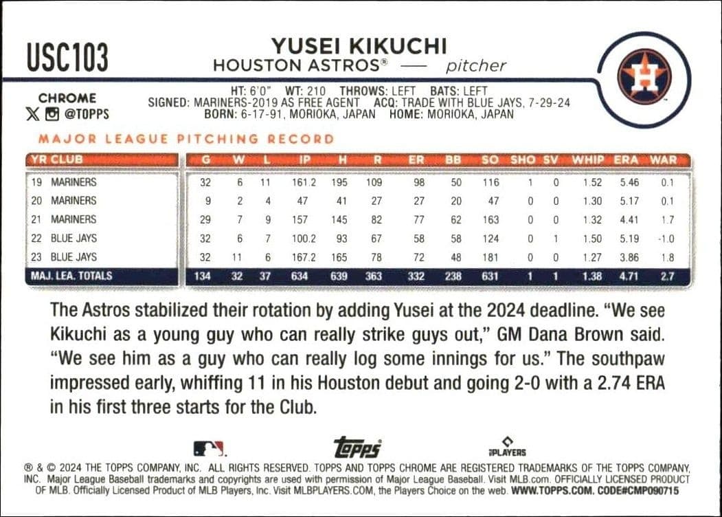 2024 Topps Chrome Update Series Yusei Kikuchi #USC103 baseball trading card back