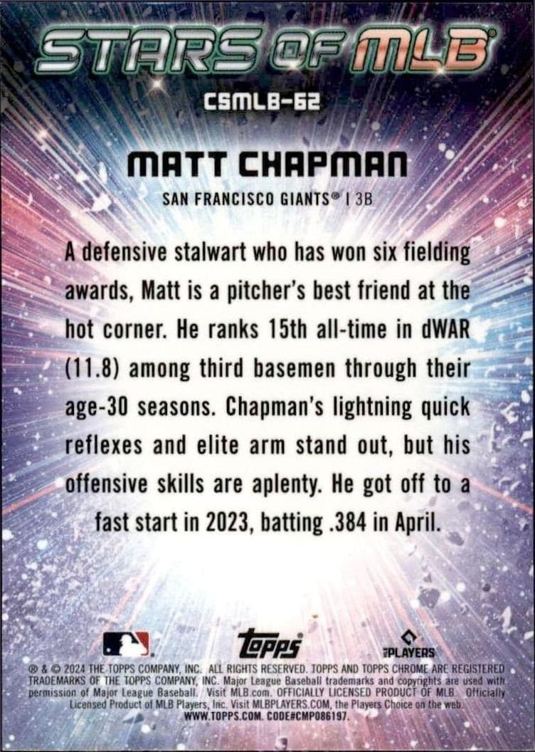 2024 Topps Chrome Update Series Matt Chapman #CSMLB-62 baseball trading card back