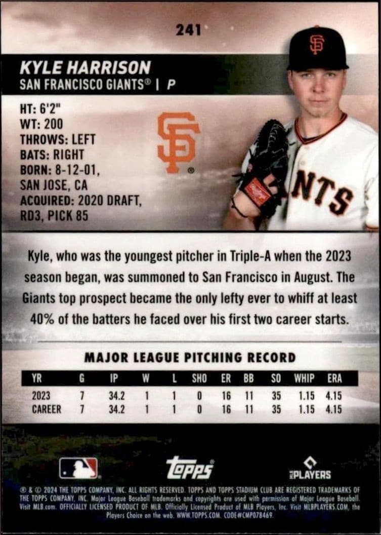 2024 Topps Stadium Club Chrome Kyle Harrison #241 baseball trading card back