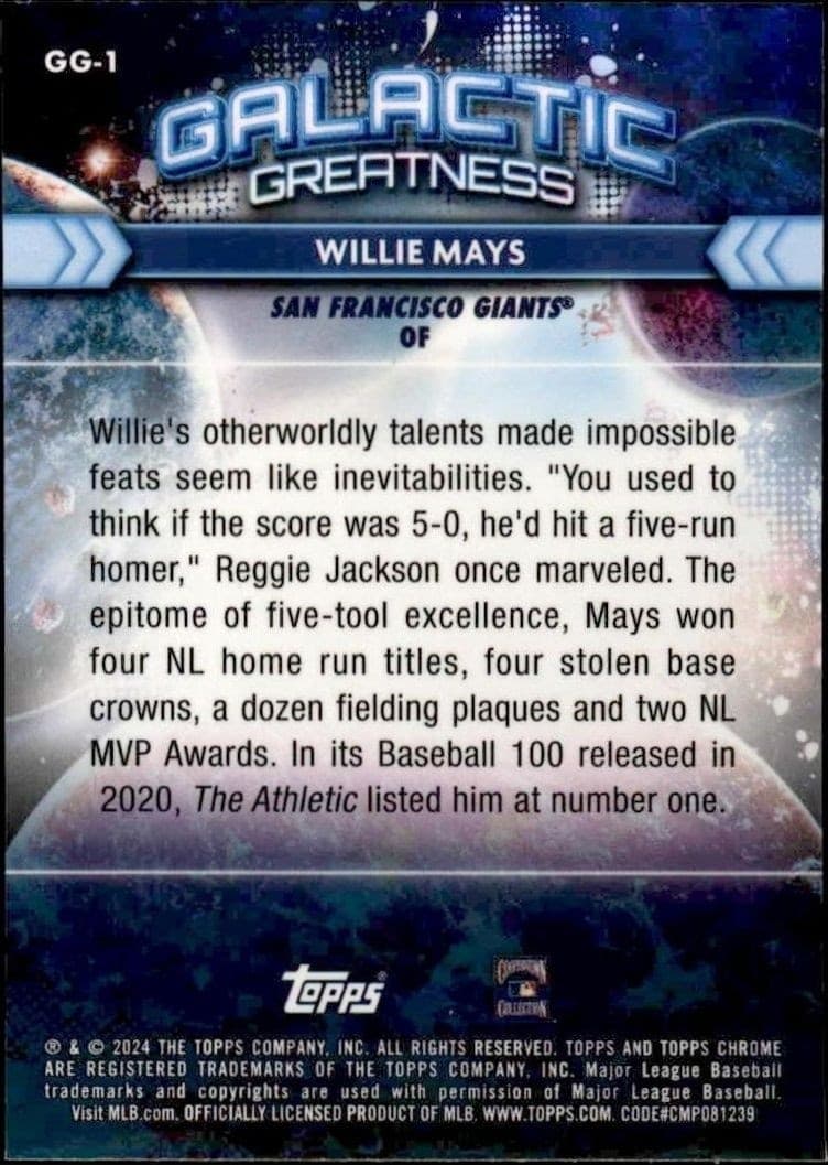 2024 Topps Chrome Cosmic Willie Mays #GG-1 baseball trading card back