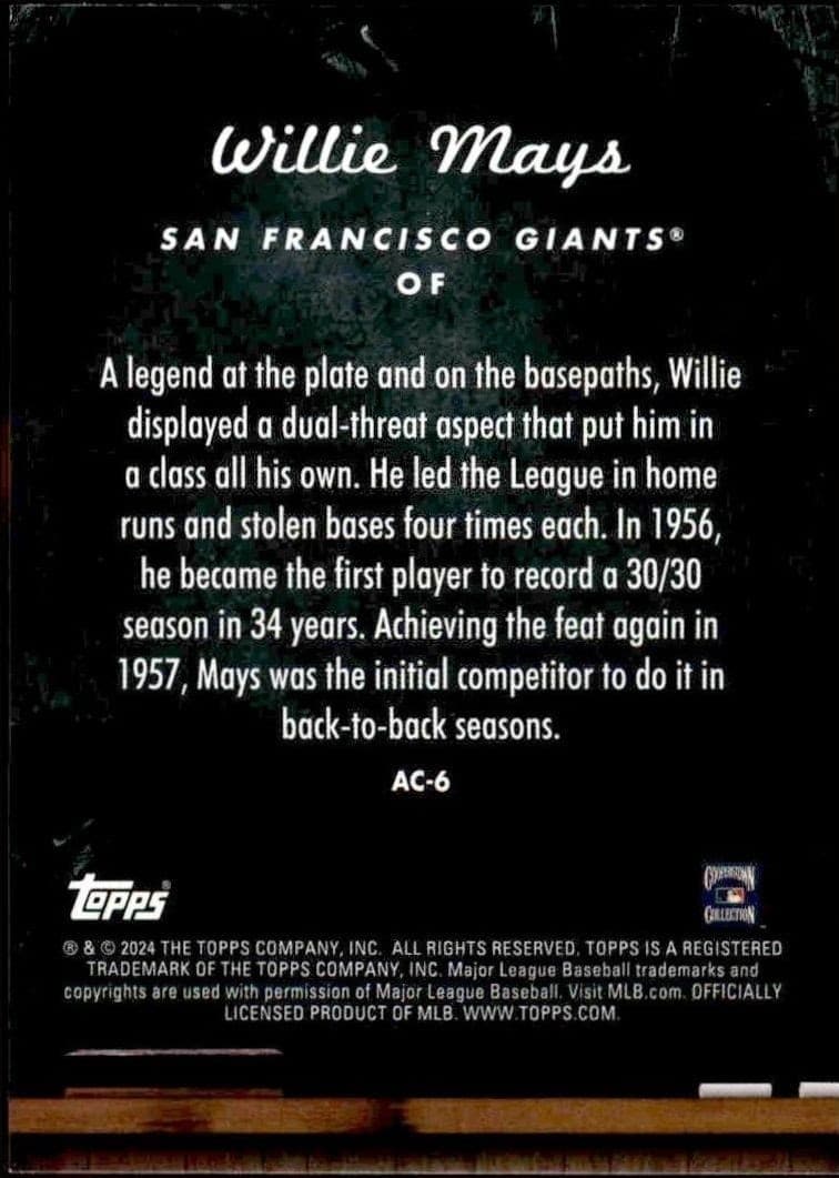2024 Topps Update Series Willie Mays #AC-6 baseball trading card back