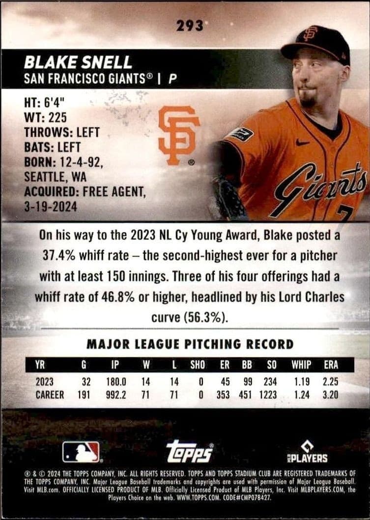 2024 Topps Stadium Club Blake Snell #293 baseball trading card back