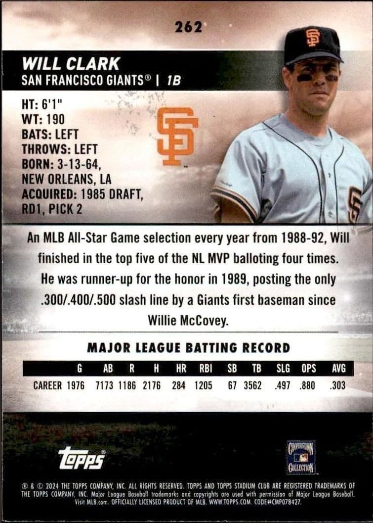 2024 Topps Stadium Club Will Clark #262 baseball trading card back