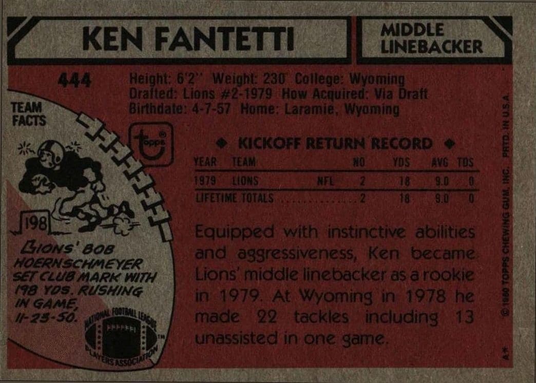 1980 Topps Ken Fantetti #444 football trading card back