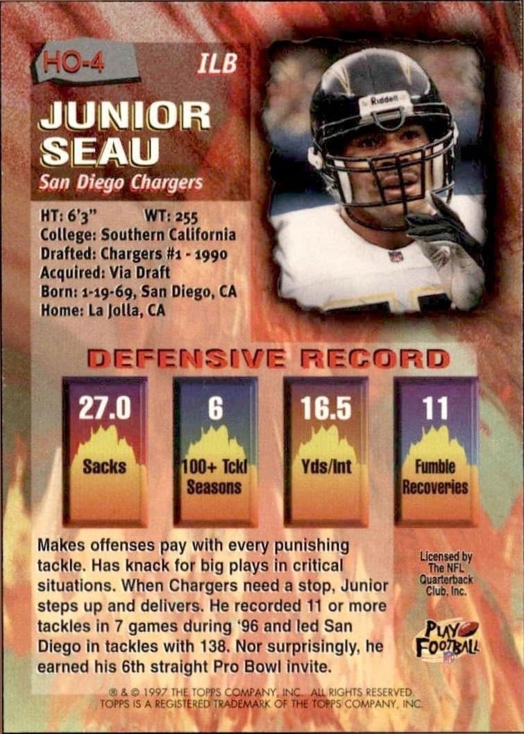 1997 Topps Junior Seau #HO-4 football trading card back