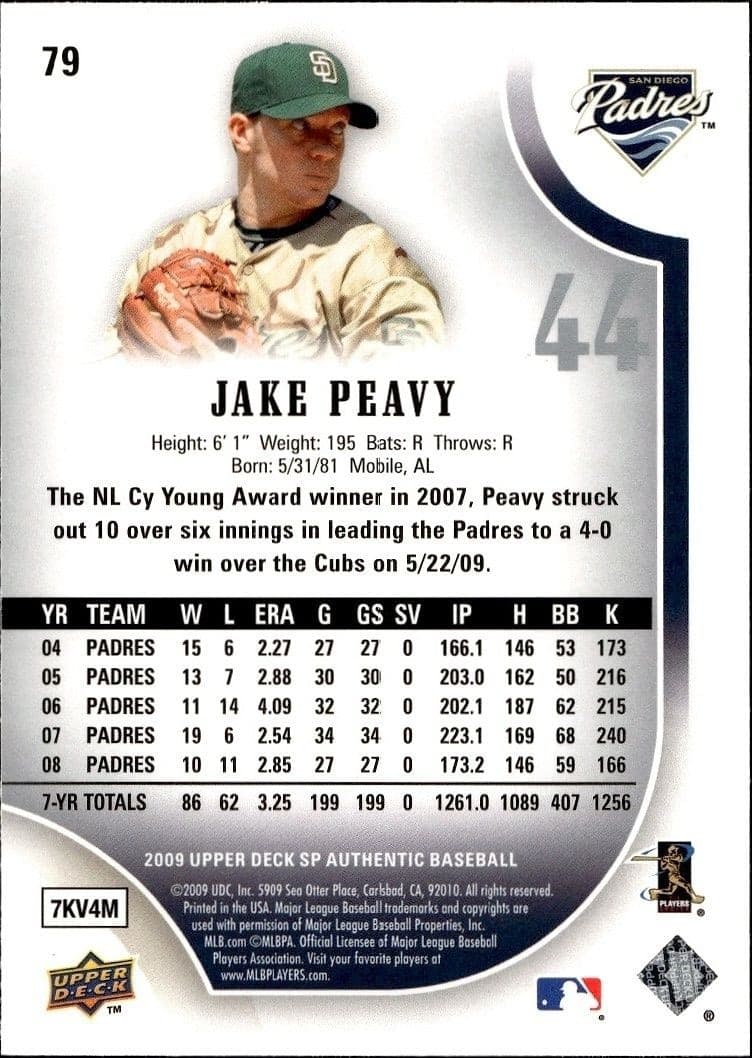 2009 Upper Deck SP Authentic Jake Peavy #79 baseball trading card back