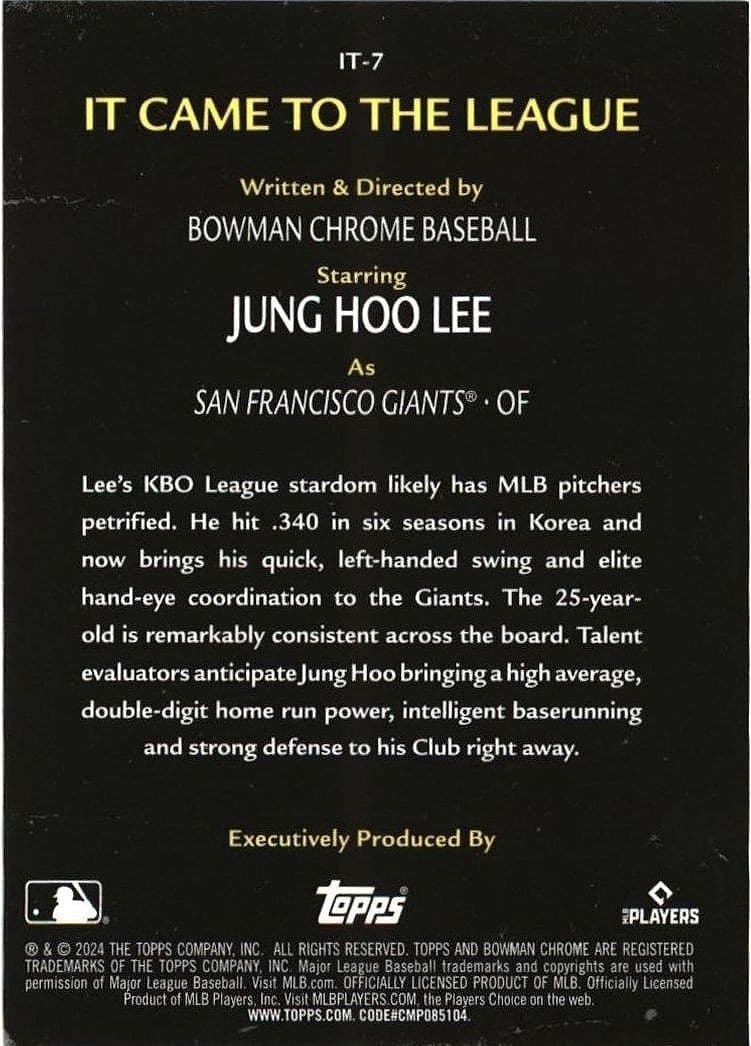 2024 Bowman Chrome Jung Hoo Lee #IT-7 baseball trading card back