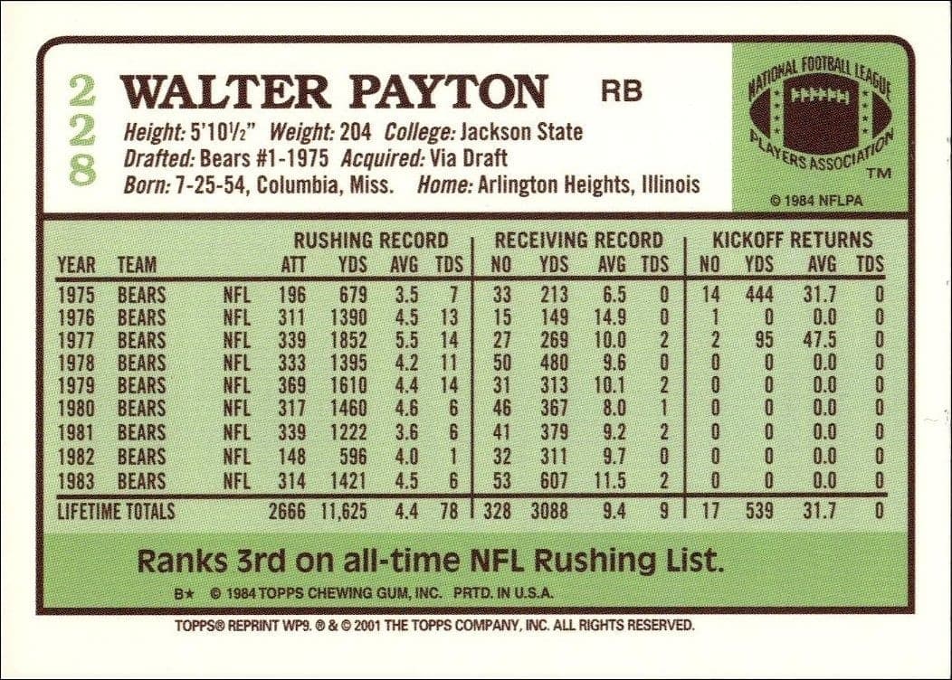 2001 Topps Walter Payton Commemorative Series Walter Payton #228 football trading card back