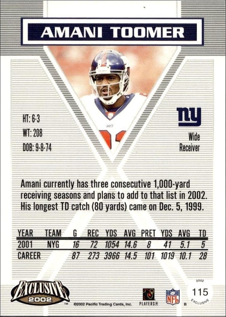 2002 Pacific Exclusive Amani Toomer #115 football trading card back