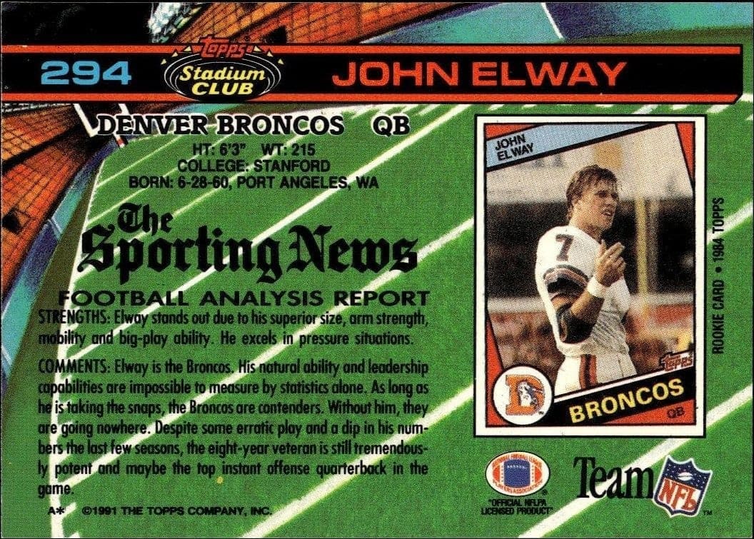 1991 Topps Stadium Club John Elway #294 football trading card back