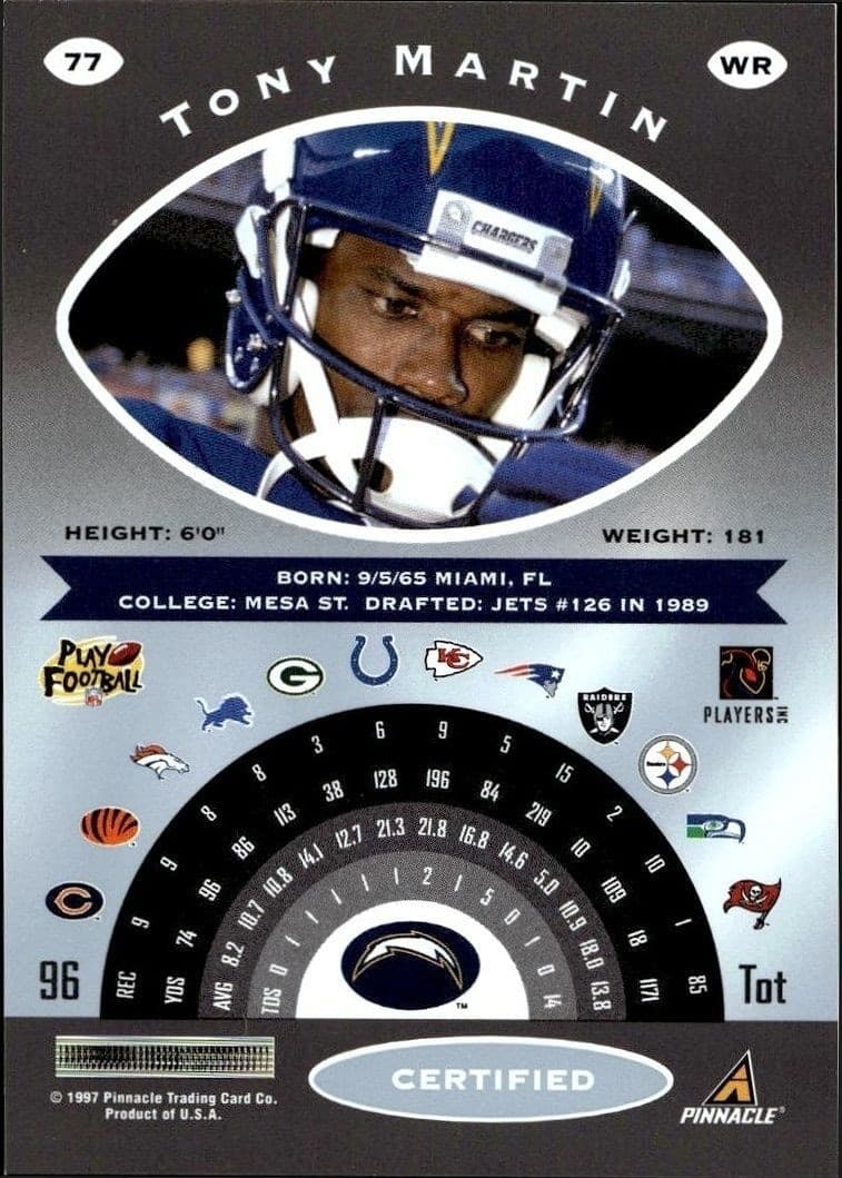 1997 Pinnacle Certified Tony Martin #77 football trading card back