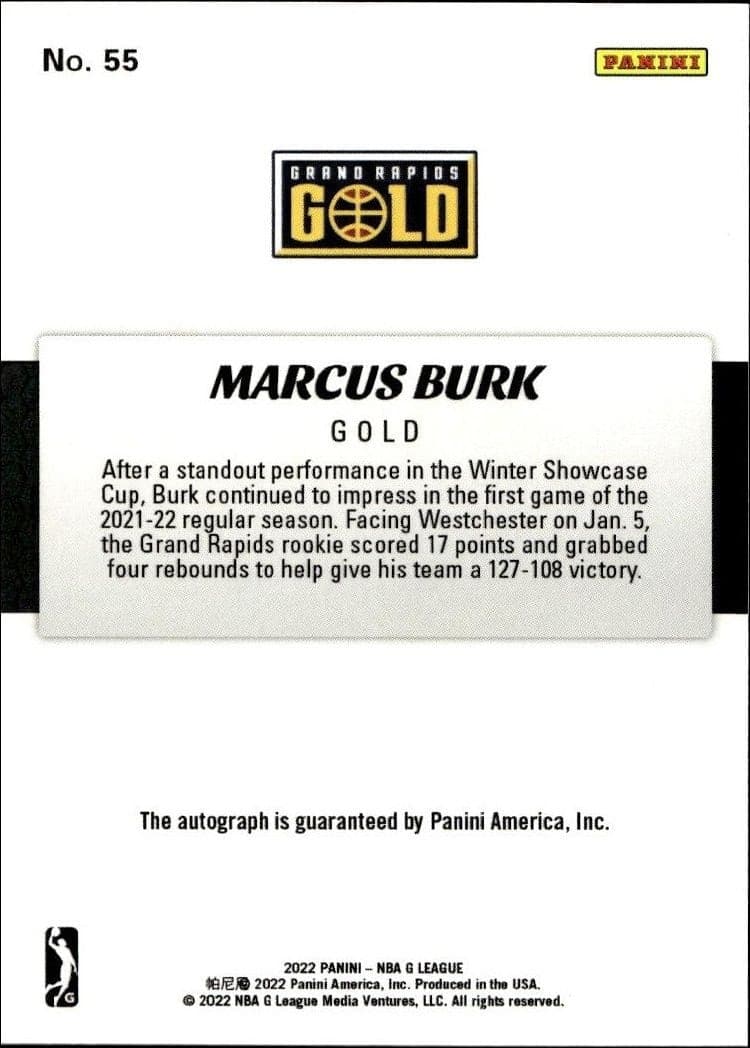 2021-22 Panini NBA G League Marcus Burk #55 basketball trading card back