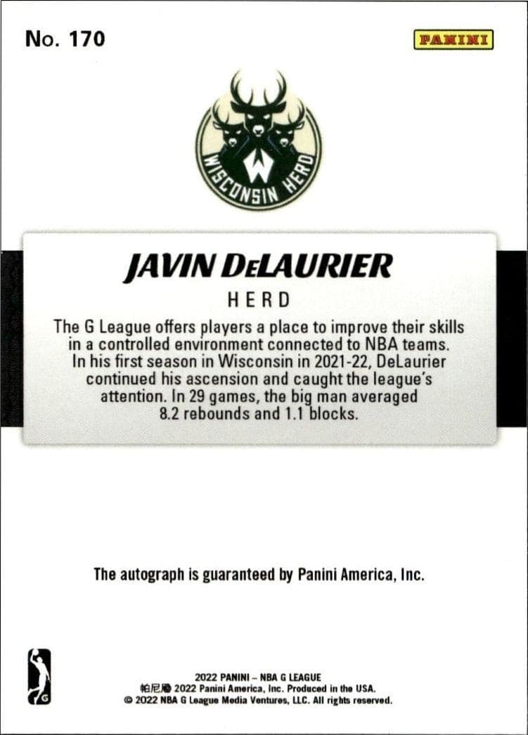 2021-22 Panini NBA G League Javin DeLaurier #170 basketball trading card back