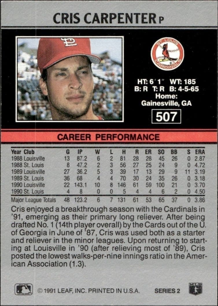1991 Leaf Cris Carpenter #507 baseball trading card back
