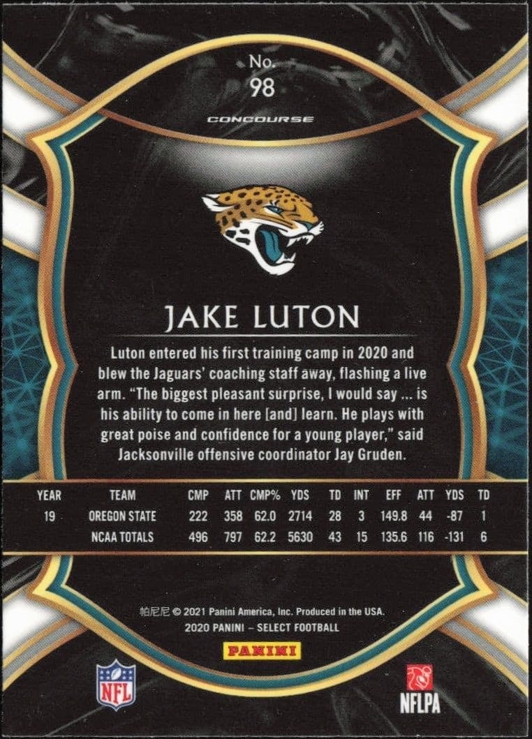 2020 Panini Select Jake Luton #98 football trading card back