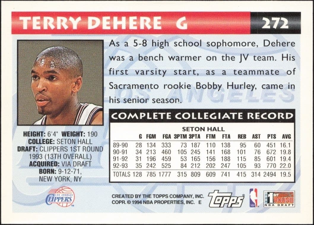 1993-94 Topps Terry Dehere #272 basketball trading card back
