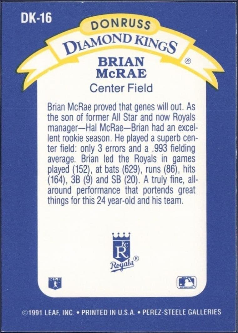 1992 Donruss Brian McRae #DK-16 baseball trading card back