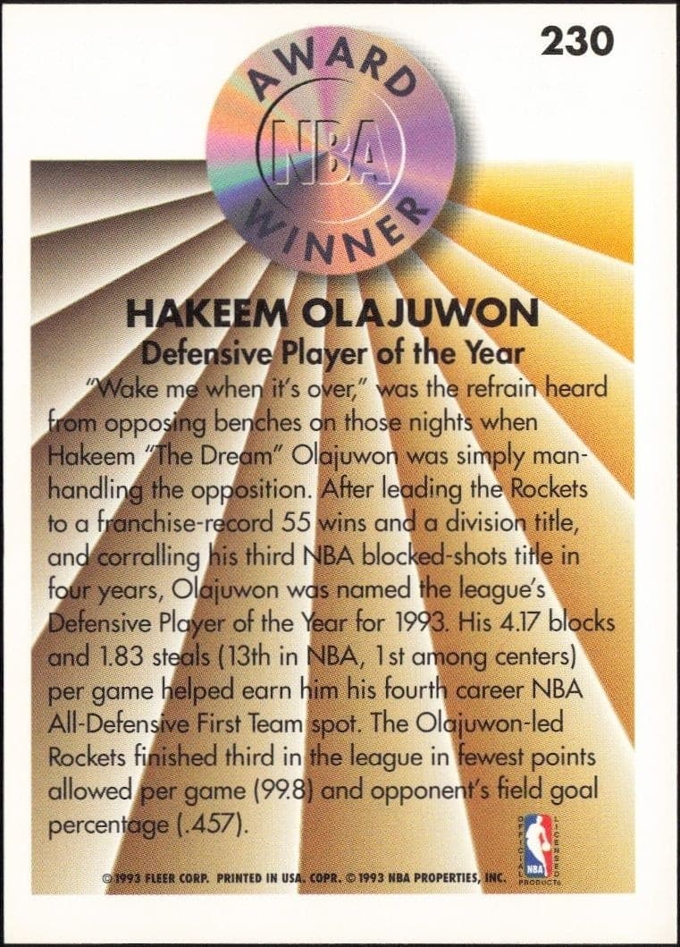 1993-94 Fleer Hakeem Olajuwon #230 basketball trading card back