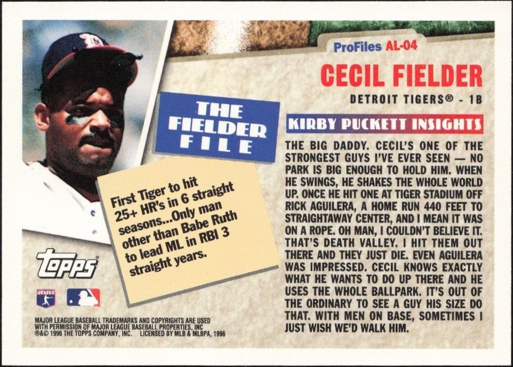 1996 Topps Cecil Fielder #AL-04 baseball trading card back