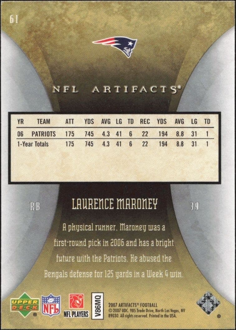 2007 Upper Deck Artifacts Laurence Maroney #61 football trading card back