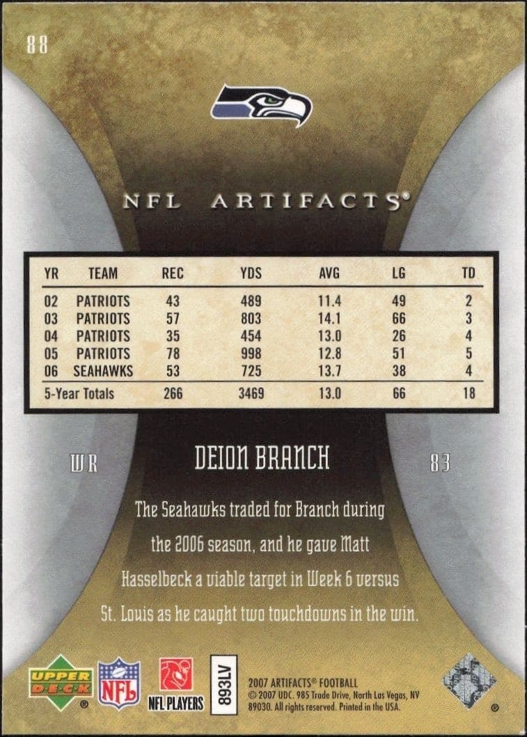2007 Upper Deck Artifacts Deion Branch #88 football trading card back
