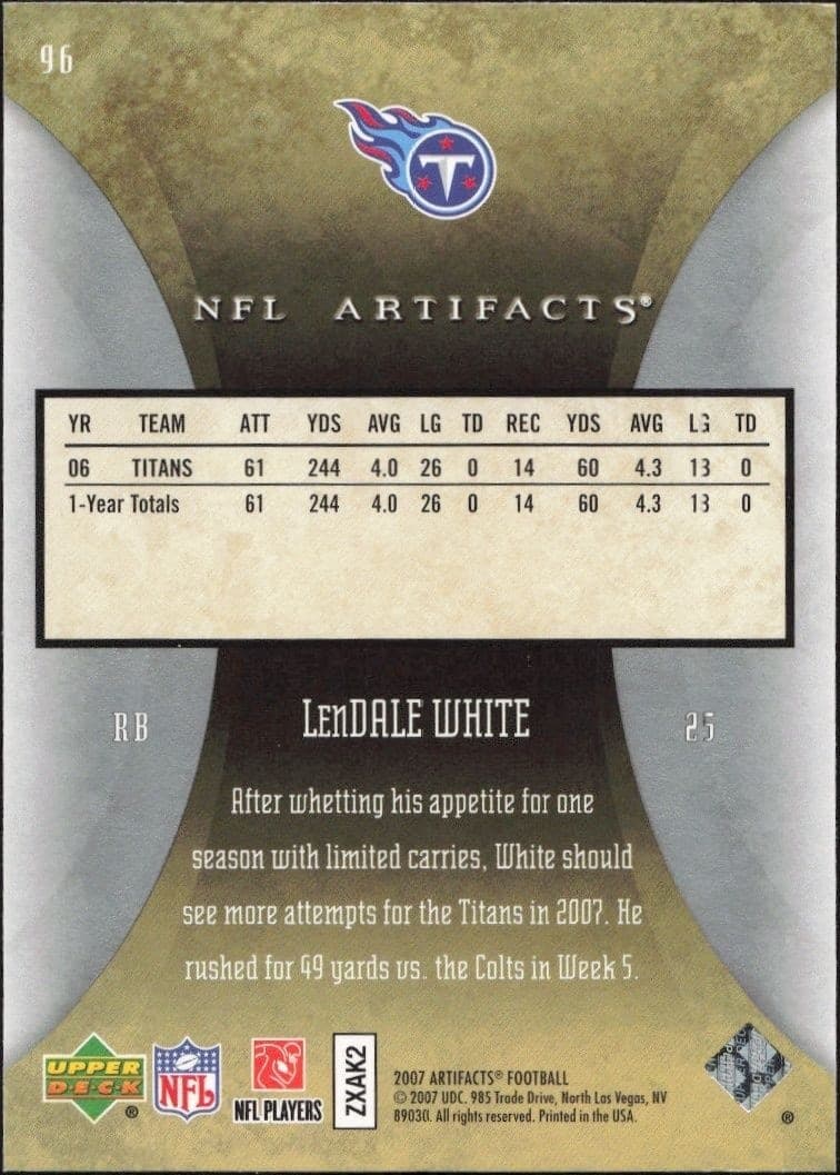2007 Upper Deck Artifacts LenDale White #96 football trading card back