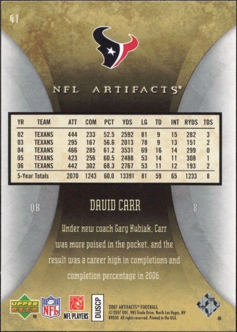 2007 Upper Deck Artifacts David Carr #41 football trading card back