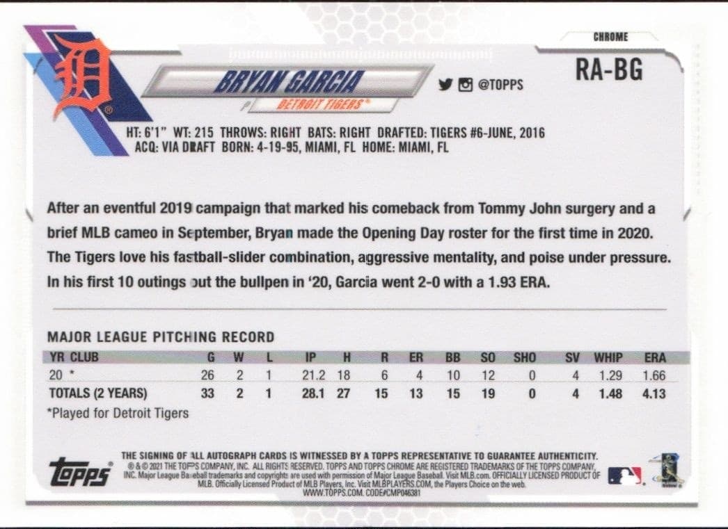 2021 Topps Chrome Bryan Garcia #RA-BG baseball trading card back