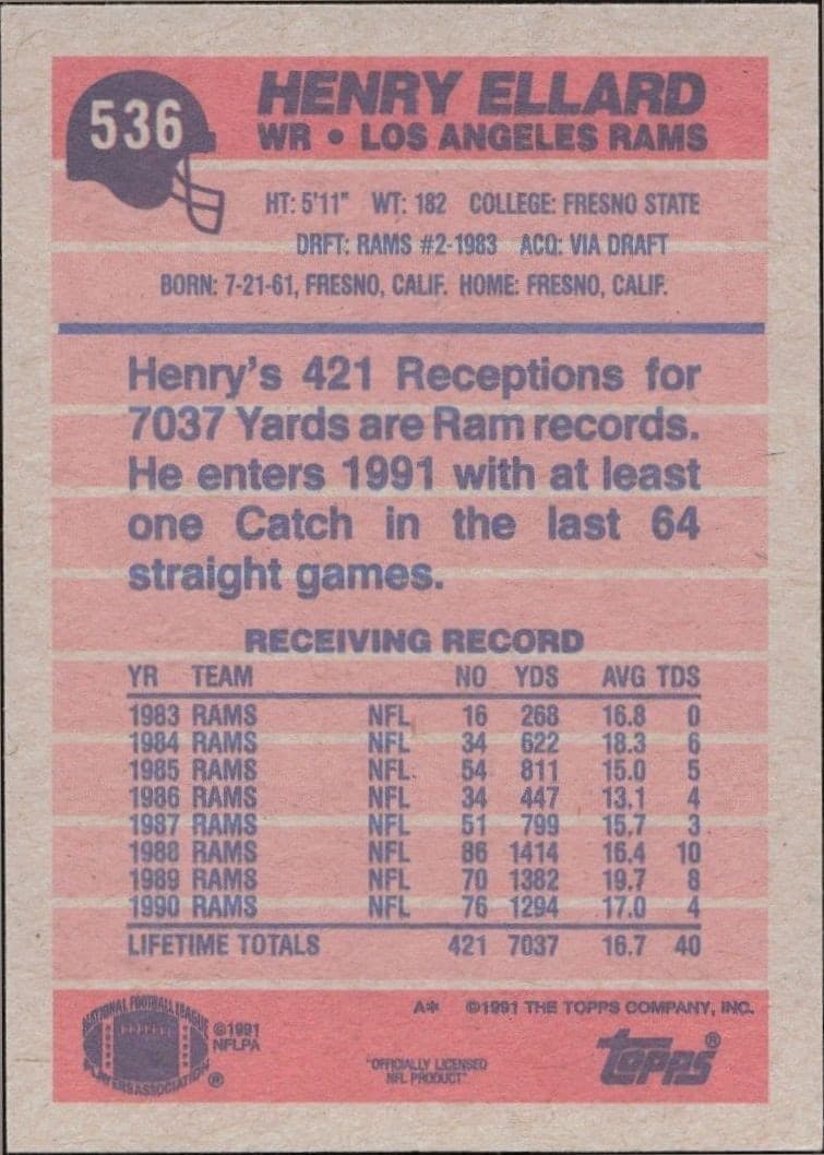 1991 Topps Henry Ellard #536 football trading card back
