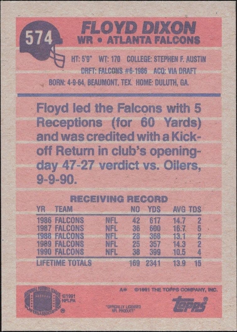 1991 Topps Floyd Dixon #574 football trading card back