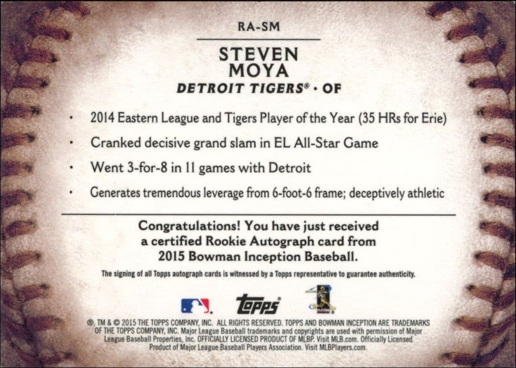 2015 Bowman Inception Steven Moya #RA-SM baseball trading card back